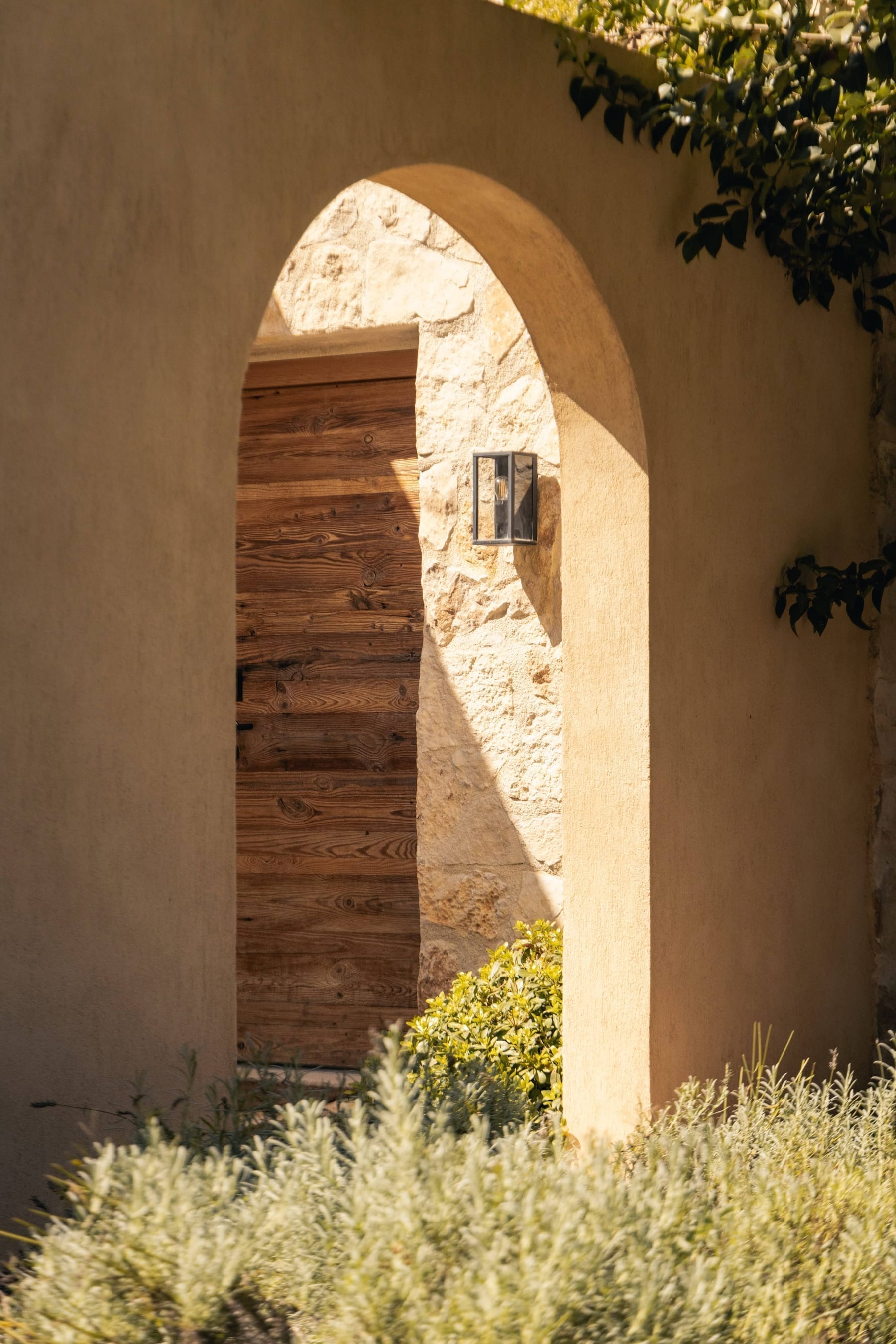 Terrasse en pierre et jardins provençaux du domaine Toile Blanche